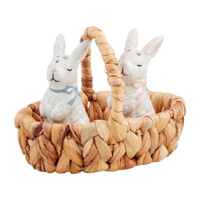 3" White Ceramic Bunny Salt and Pepper Shakers With a Basket