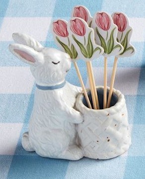 3" Blue Ceramic Bunny Toothpick Holder With Picks by Mud Pie
