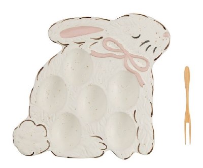 7" Pink Ceramic Bunny Egg Tray With a Fork By Mud Pie