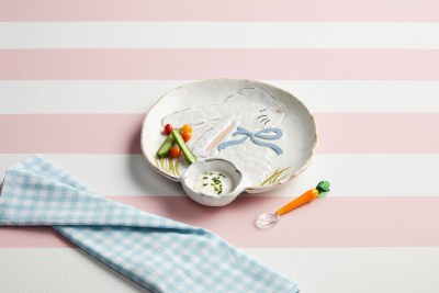 12" Round Multipastel Ceramic Bunny Chip and Dip Dish With a Spoon by Mud Pie