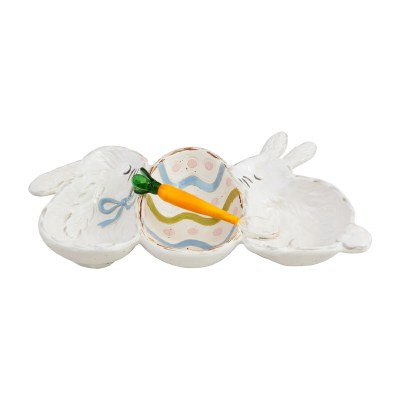 6" x 11" Bunnies and Egg Ceramic Three Compartment Dish With a Spoon by Mud Pie