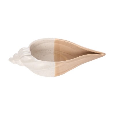 10" Distressed White and Light Brown Ceramic Sea Shell Bowl