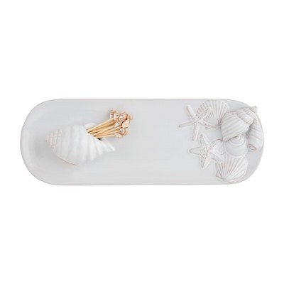 4" x 11" White Ceramic Sea Shell Tray With a Toothpick Caddy by Mud Pie