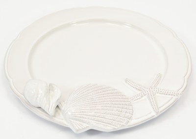 11" Round White 3D Seashell Design Ceramic Platter