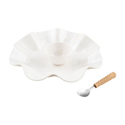 13" Round White Melamine Chip and Dip Dish With a Spoon by Mud Pie
