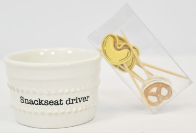 3" White Ceramic "Snackseat Driver" Bowl With Picks by Mud Pie
