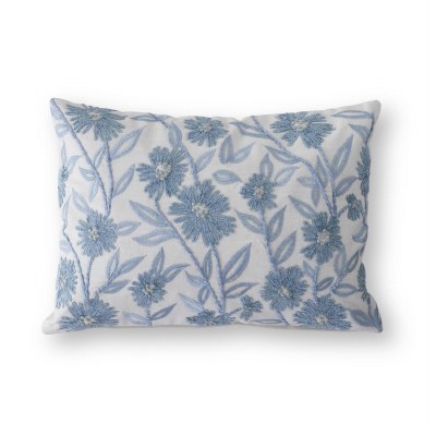 14" x 20" Blue Embroidered Flowers Decorative Pillow