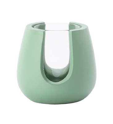 4" Green and Clear Cement and Glass Votive Holder