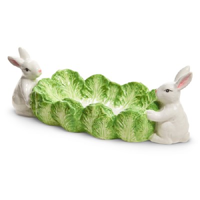 5" x 10" Green Cabbage and Two White Bunnies Ceramic Bowl