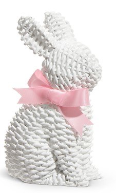 5" White Polyresin Faux Wicker Texture Bunny Wearing a Bow Figurine