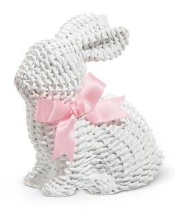 4" White Polyresin Faux Wicker Texture Bunny Wearing a Bow Figurine