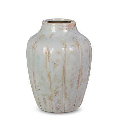 12" Distressed White and Brown Ceramic Vase