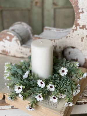 4.5" Opening Faux Cream Flowers and Frosted Leaves Candle Ring