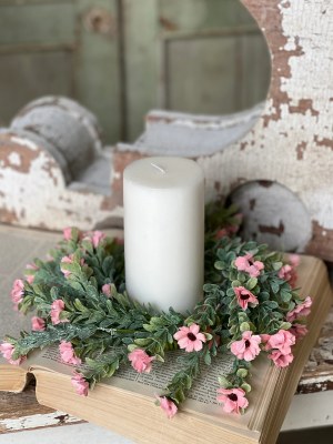 4.5" Opening Faux Pink Flowers and Frosted Leaves Candle Ring