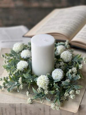 4.5" Opening Faux Cream Pom Poms and White Flowers Candle Ring
