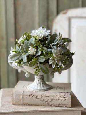 10" Faux White Flowers and Frosted Green Leaves Half Orb