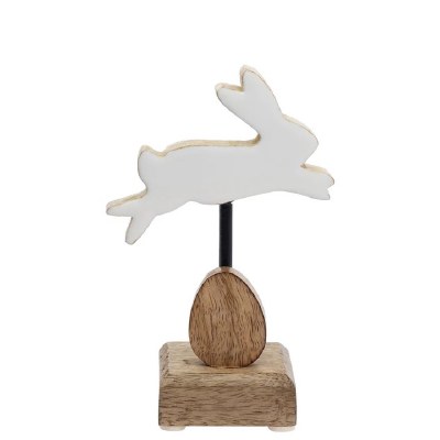 6" White Wood Bunny Jumping Over an Egg Statue