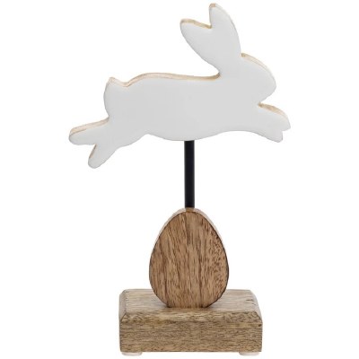 8" White Wood Bunny Jumping Over an Egg Statue