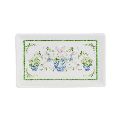 6" x 10" White Garden Bunny in a Blue Egg Ceramic Tray