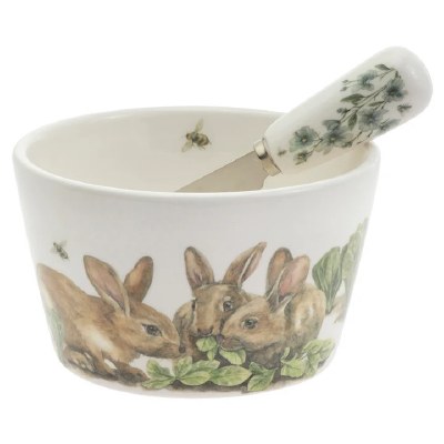 5" Round Brown Garden Bunny Ceramic Bowl With a Spreader