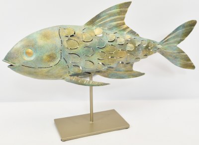 21" Silver and Green Metal Fish on a Stand