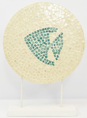 22" Blue and White Capiz Fish Disk on a Stand