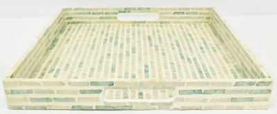 16" Sq Blue Rectangles Capiz Tray