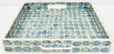 14" Sq Small Blue Ovals Capiz Tray