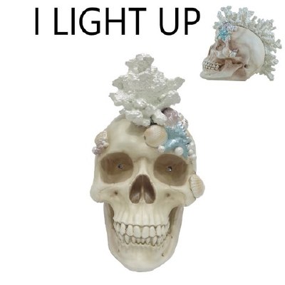 6" LED Polyresin Skull With a Faux Coral Mohawk Figurine