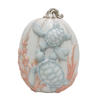 12" Two Blue Sea Turtles on a White Polyresin Pumpkin