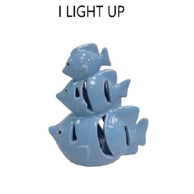 7" LED Three Blue Ceramic Fish Statue