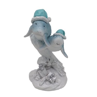 8" Two Blue Polyresin Manatees Wearing Hats Figurine