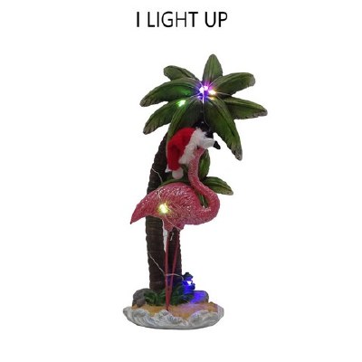 10" LED Polyresin Christmas Flamingo Under a Palm Tree Statue