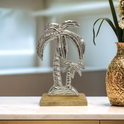 11" Small Silver Aluminum Palm Tree Statue