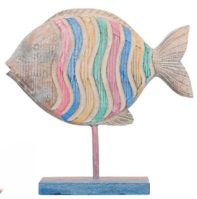 Large Multicolor Curvy Line Design Wood Fish Statue
