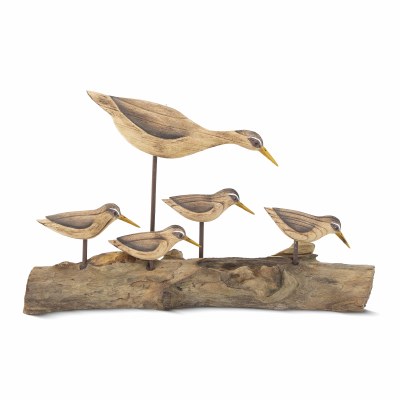 12" x 19" Shorebird With Four Piping Plovers on a Root Wood Base Sculpture MM955