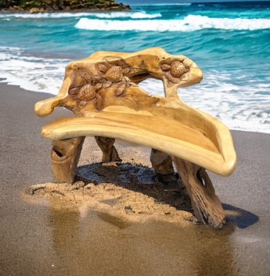 36" x 55" Carved Sea Turtle Teak Wood Coastal Bench
