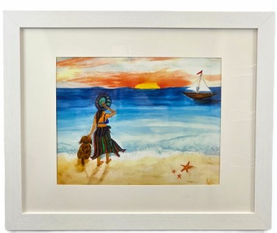 18" x 22" Girl with Dog on Beach Framed Wall Art Under Glass