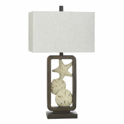 30" Cream Polyresin Seashells in a Brown Rectangle Table Lamp