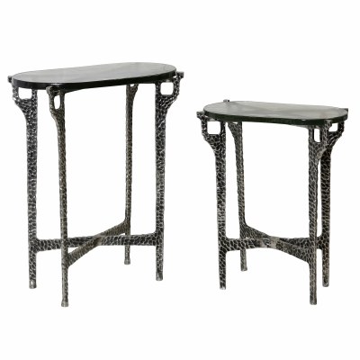 Set of Two 20" Distressed Silver and Glass Top Nested Eend Tables