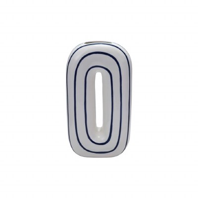 13" White and Navy Stripe Ceramic Vase With a Hole