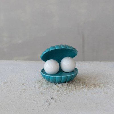 White Ceramic Pearl Salt and Pepper Shakers With a Blue Ceramic Clam Shell Holder