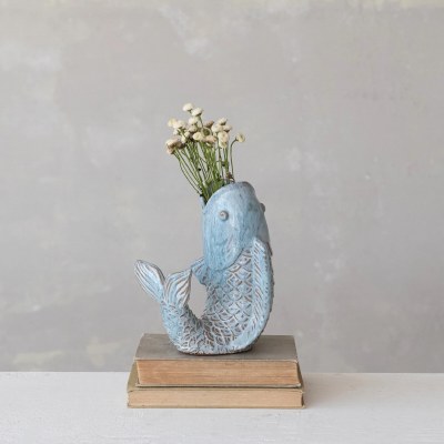 8" Blue and Brown Ceramic Fish Shaped Vase