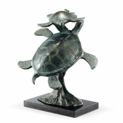 16" Verdigris Sea Turtle With a Baby Figurine