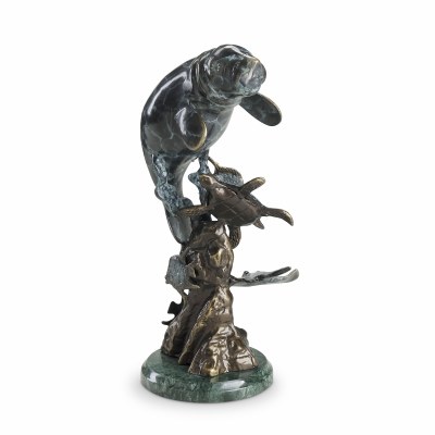 13" Verdigris Manatee and Sea Turtle Figurine