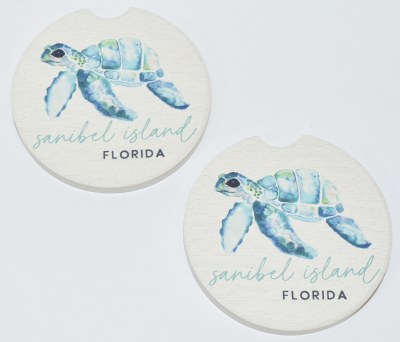 Set of Two "Sanibel Island, Florida" Blue Sea Turtle Coastal Car Coasters