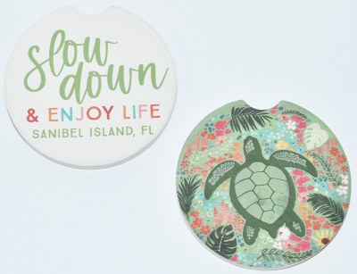 Set of Two "Slow Down & Enjoy Life, Sanibel Island, FL" Sea Turtle Coastal Car Coasters