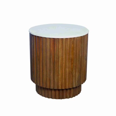 22" Round Brown Wood Ribbed Vase and White Marble Top  End Table