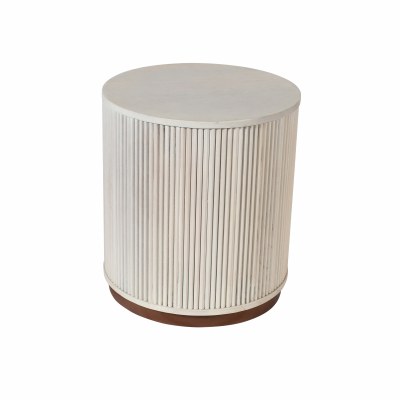 18" Round Distressed White Ribbed Side End Table