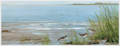 22" x 62" Sandpipers on a Grassy Shore Coastal Canvas in a White Frame